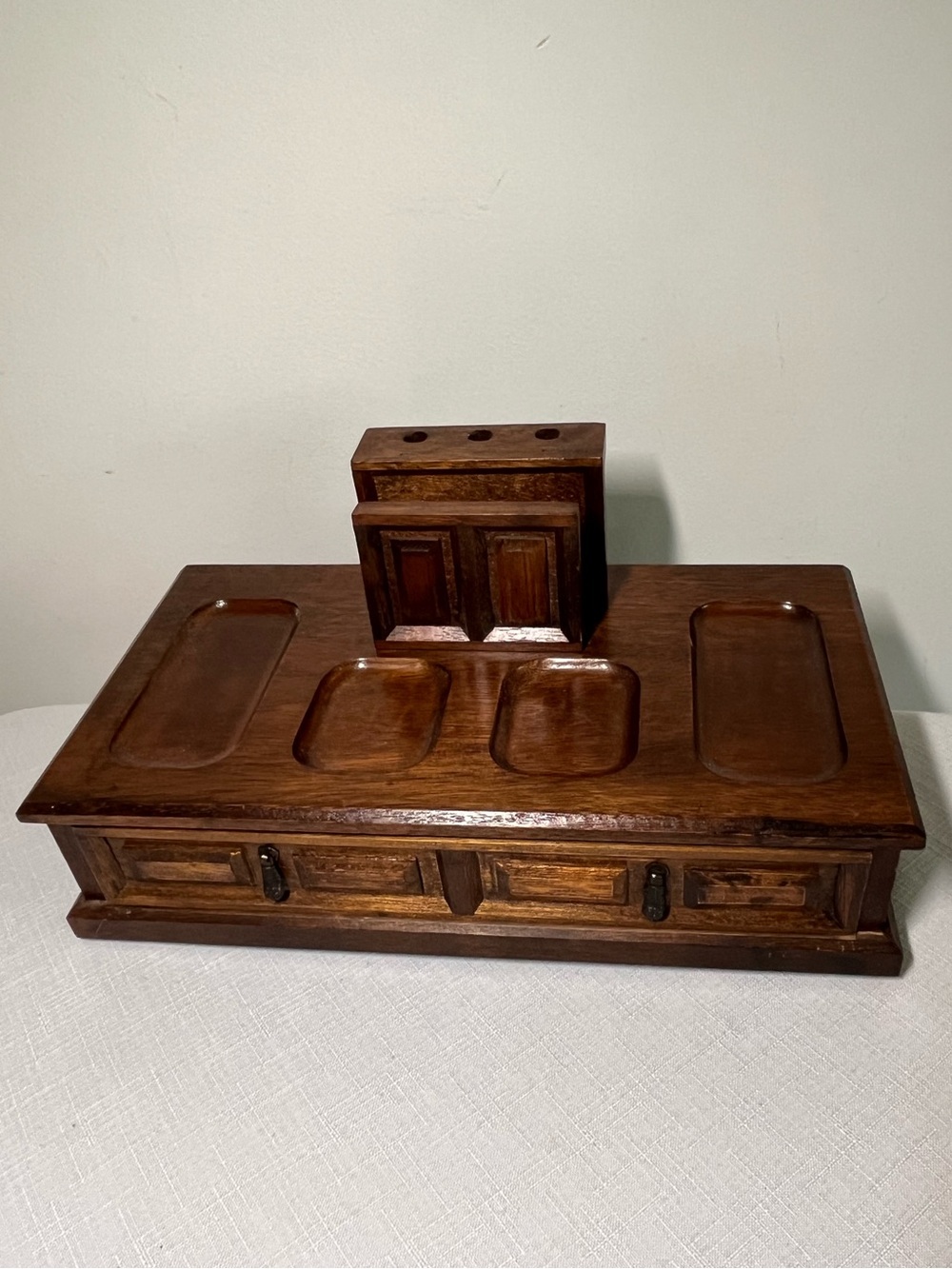 Vintage Mele dark wood valet organizer 
multi-compartment & storage drawer